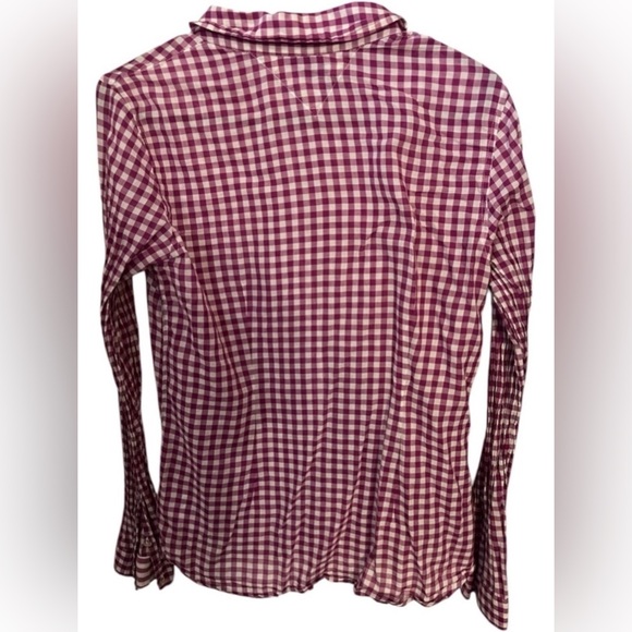 Tommy Hilfiger Gingham Ruffle Button Up Blouse Burgundy White Medium - Picture 5 of 7